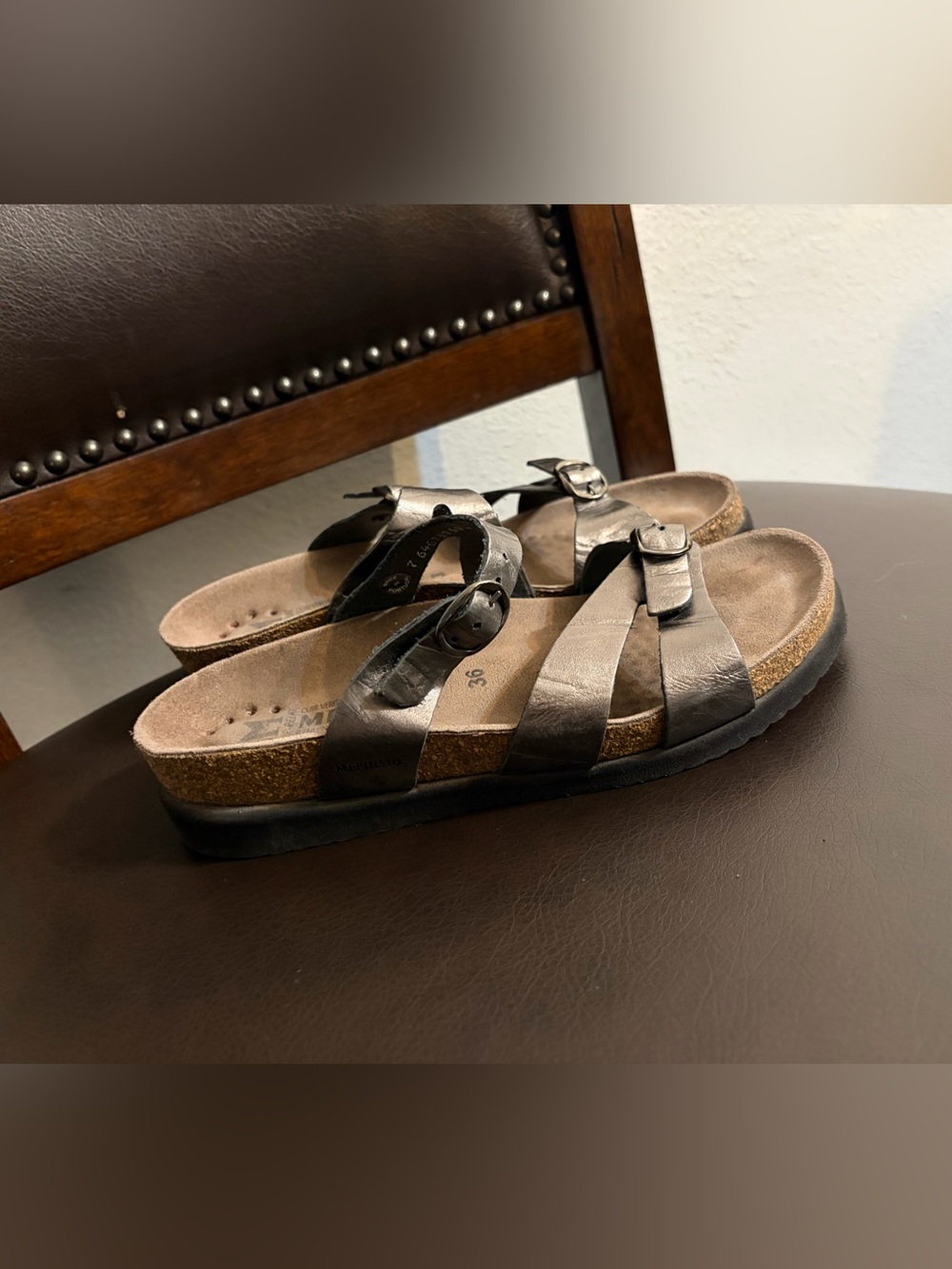 Mephisto Metallic Brown Leather Buckle Slide Sandals